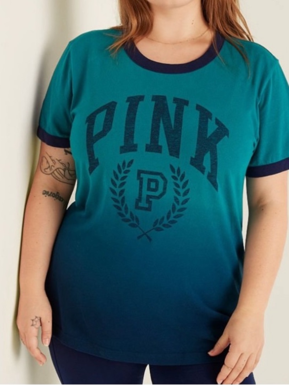 Victoria's Secret PINK Campus Ringer T-Shirt in the Color Deep Lake XXL